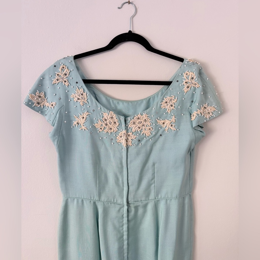 Vintage 50s 60s Baby Blue Hand Beaded Sheath Dress Lace Rhinestone Cocktail M/L - Picture 5 of 16